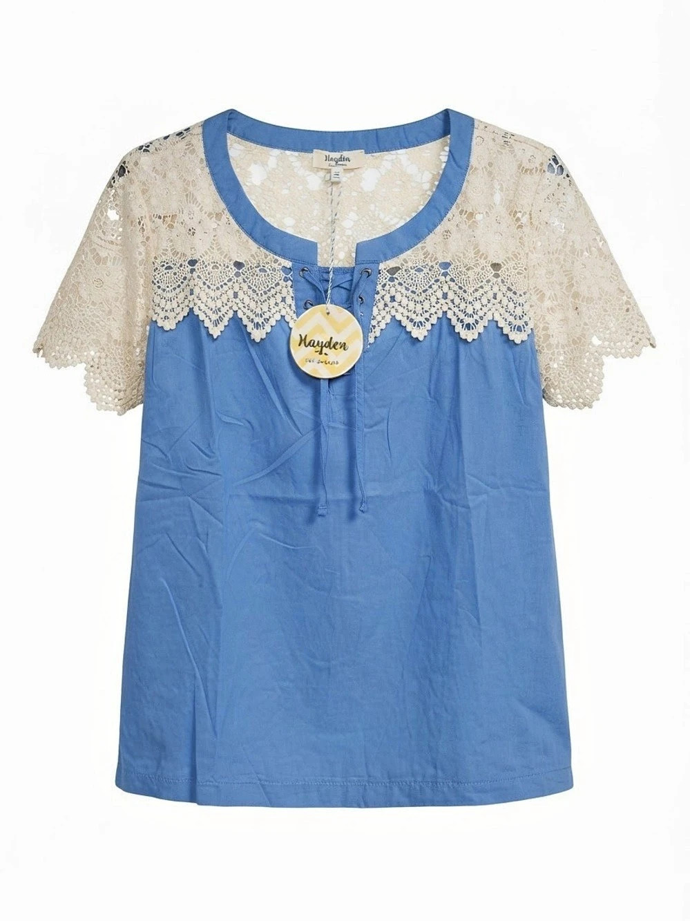 Hayden Lace Sleeve 100% Cotton Blouse in Blue Size Medium NWT